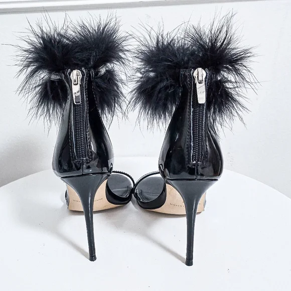 Marc Fisher black patent leather faux fur ankle strap sandals heels size… - Picture 4 of 8